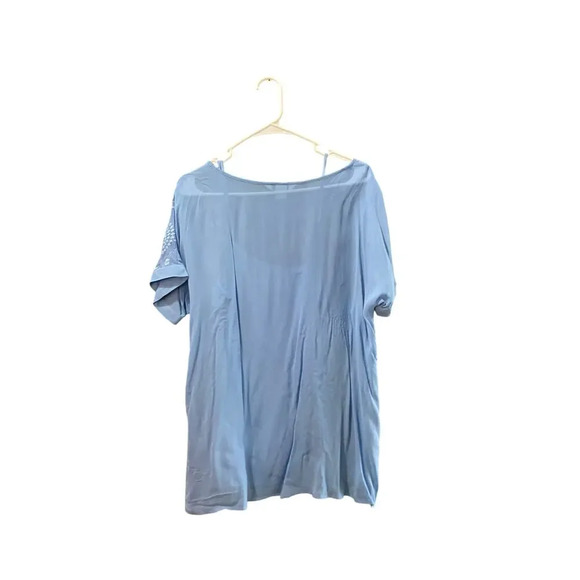 SUNDANCE Blue Embroidered Silk Short Sleeve Sheer Overlay Blouse Top Size Medium - Picture 3 of 3